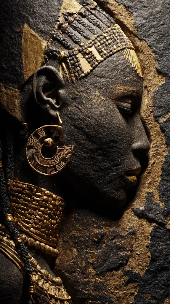 A dramatic close-up profile of a sculpted African queen.  Her dark skin is adorned with elaborate gold jewelry: a headband, large earrings, and a heavy neckpiece. The texture is rough, resembling stone or bas-relief, with a contrast between dark and gold accents. The queen’s expression is serene yet powerful, her gaze directed to the side. The image conveys strength, history, and regal beauty.