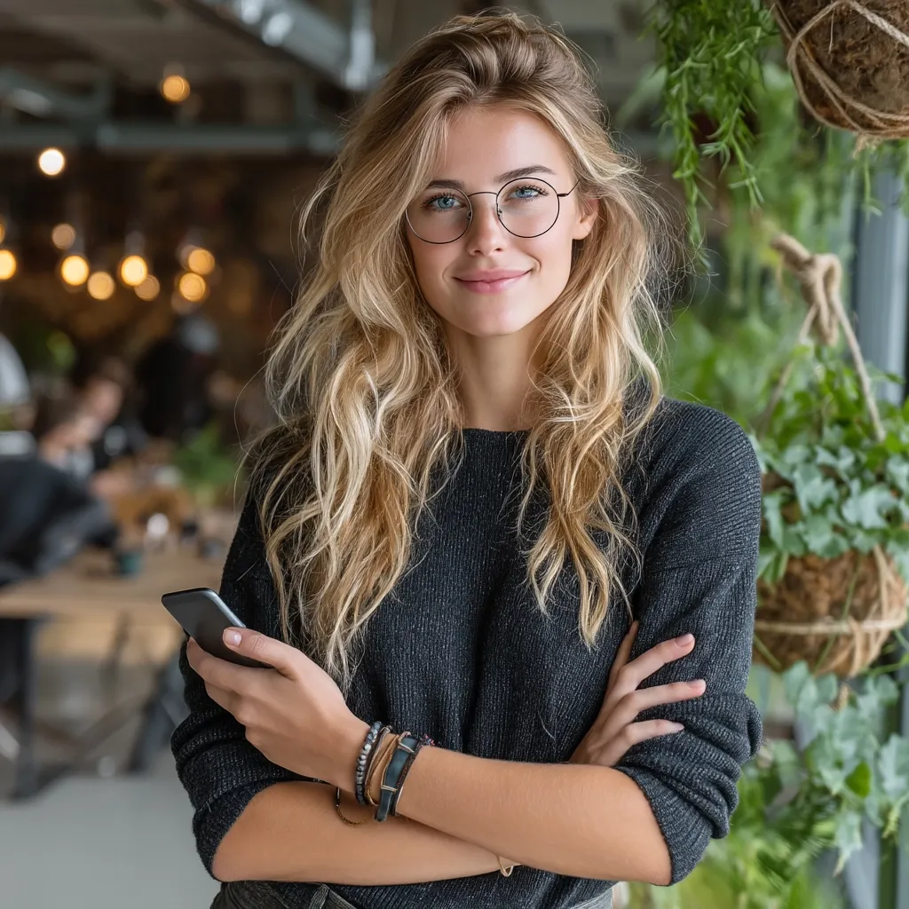 A young woman with long, wavy blonde hair and round glasses stands in a trendy cafe setting.  She's wearing a dark gray sweater and several bracelets on her wrist.  Her arms are crossed, and she holds a smartphone.  The background is blurred, showing a bustling cafe with other people and plants. She looks directly at the camera with a pleasant expression.