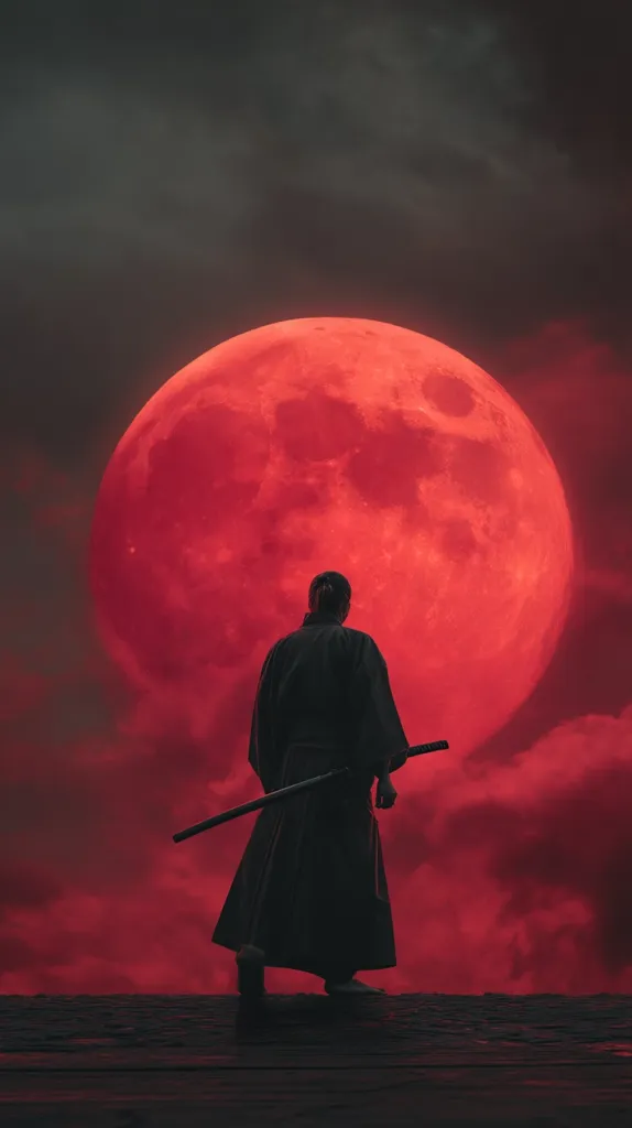 A lone samurai, silhouetted against a dramatic crimson moon, stands on a dark platform.  The vast, blood-red moon dominates the sky, casting an ominous glow on the scene. The samurai's back is to the viewer, their katana sheathed at their side, creating a mood of mystery and contemplation. The overall image evokes a sense of epic drama and ancient Japanese aesthetics.