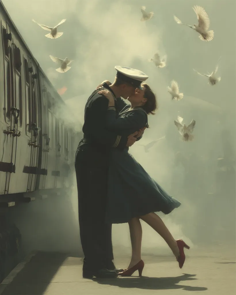 A poignant image depicts a sailor in uniform embracing a woman in a dress by a train.  Surrounded by a misty atmosphere and flying doves, they share a tender kiss. The scene evokes a romantic, nostalgic feeling, perhaps suggesting a farewell or reunion.  The muted color palette and soft lighting enhance the emotional depth of the moment.