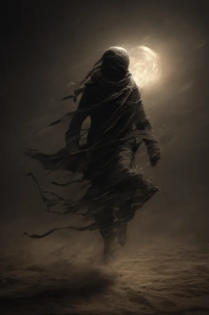 A shadowy figure, cloaked in dark, flowing fabric, walks across a desolate, sandy landscape under a bright moon.  The figure's face is obscured, adding to its mysterious and ethereal quality. Dust swirls around its feet as it moves, creating a sense of otherworldliness and unease. The overall mood is dark, evocative, and slightly ominous.