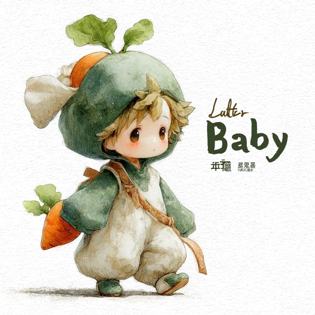 An adorable cartoon baby, styled in watercolor, wears a charming radish-inspired hooded outfit.  The baby has blonde hair peeking from under the hood and carries a carrot. The art is titled "Latter Baby" with additional Asian text. The overall style is soft, whimsical, and evokes a feeling of warmth.