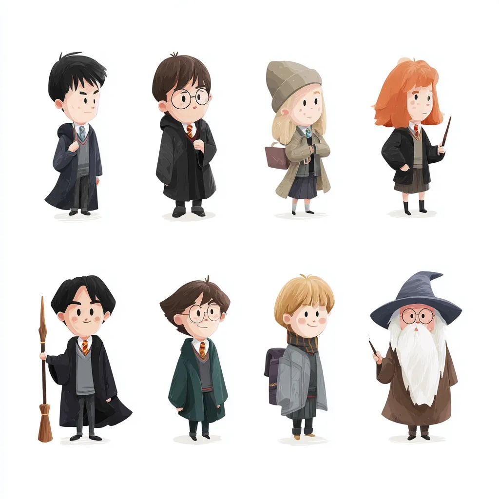 Eight adorable chibi-style characters, reminiscent of Harry Potter, are depicted.  They are dressed in Hogwarts-inspired robes and accessories.  The group includes Harry, Ron, Hermione, and other familiar faces, each with unique personalities expressed through their expressions and poses.  They hold wands, broomsticks, and bags, adding to the magical atmosphere.  The illustration is bright, cheerful, and full of charm.