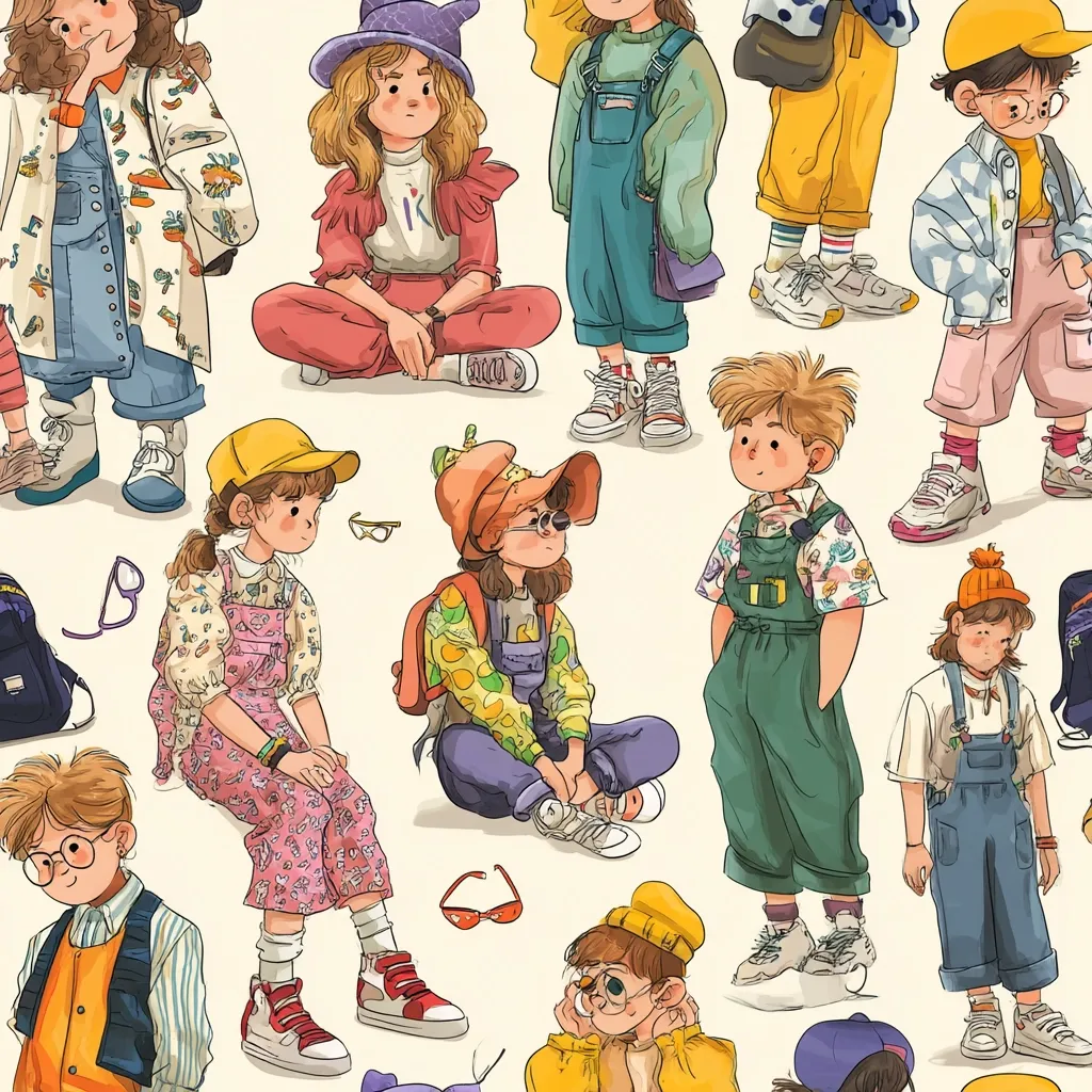 A colorful illustration features a diverse group of children, each stylishly dressed in various 90s-inspired outfits.  Overalls, bucket hats, and vibrant colors are prevalent.  The children are depicted in various poses, some sitting, others standing, creating a dynamic and playful scene. The overall style is cartoonish and charming, with a focus on fashion and individuality.
