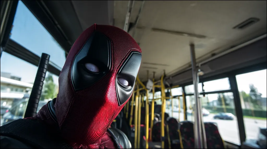 A close-up shot reveals Deadpool, the iconic Marvel antihero, aboard a public bus.  His distinctive red and black suit is sharply in focus, his mask partially obscuring his eyes.  The bus interior is blurred, suggesting motion or a fleeting moment.  A katana is visible at his side, hinting at his violent past and present.  The overall atmosphere is one of unexpected normalcy contrasted with the character's extraordinary nature.