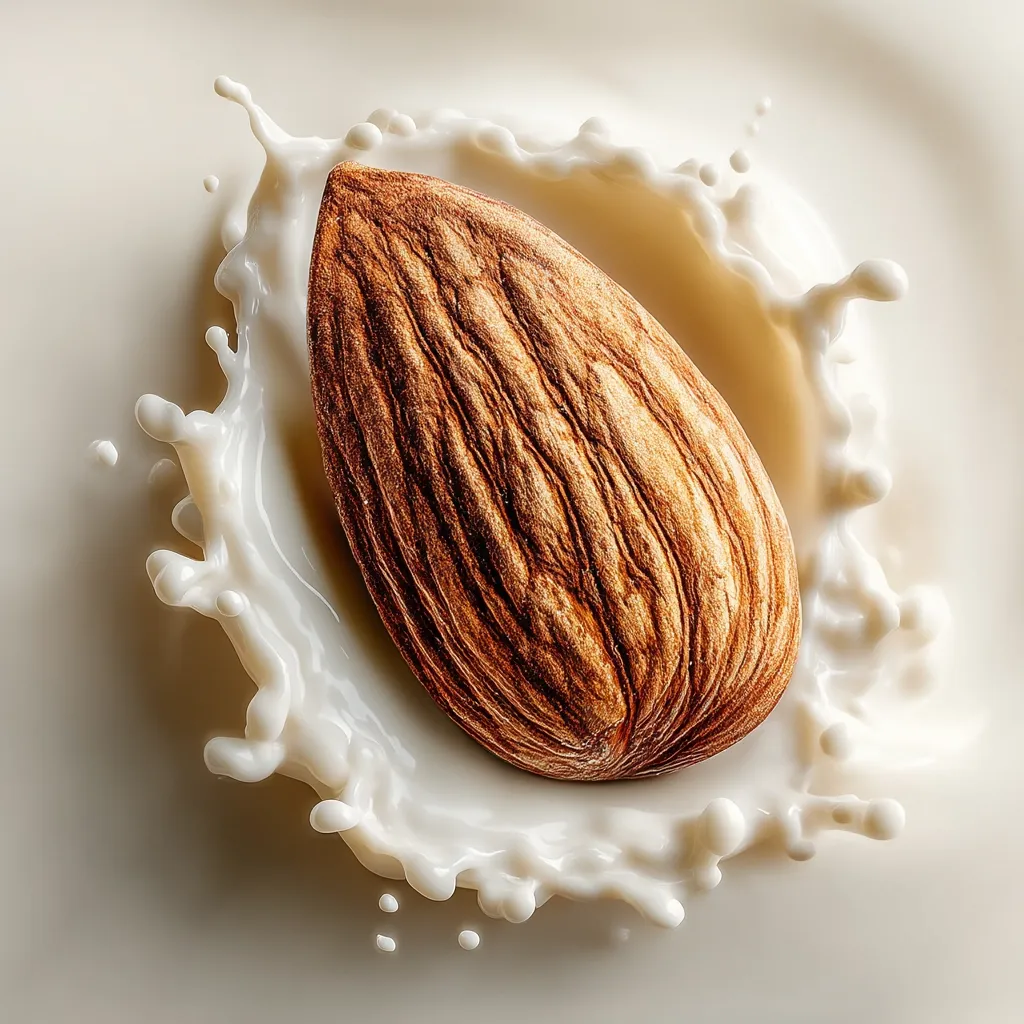 A single almond rests in a pool of creamy, white almond milk.  The milk creates a crown-like splash around the nut, showcasing its rich brown color and textured surface. The image is a close-up, highlighting the contrast between the smooth milk and the almond's rugged texture.  The overall impression is one of purity and natural goodness.