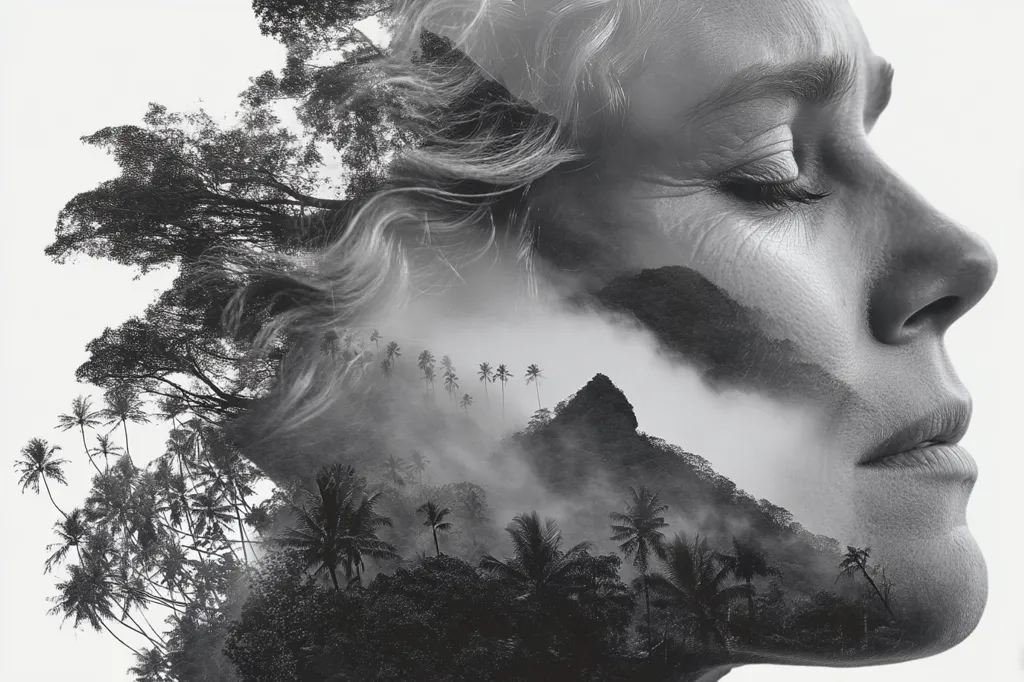 A captivating double exposure photograph seamlessly blends a woman's serene profile with a misty tropical landscape.  Her flowing hair merges with lush palm trees and a mountain shrouded in fog, creating a harmonious and ethereal image. The monochromatic palette enhances the dreamlike quality, suggesting a connection between inner peace and the beauty of nature.