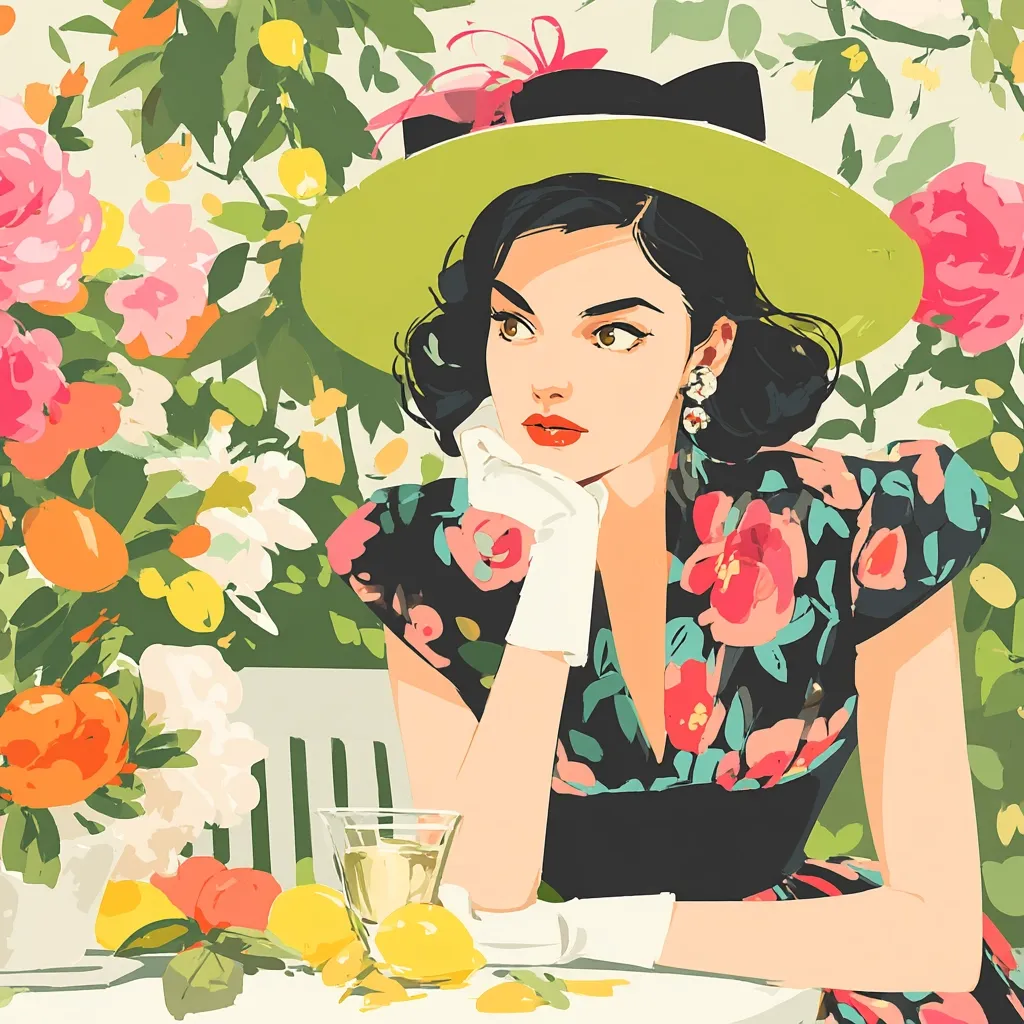A stylish woman in a floral dress and a wide-brimmed hat sits amidst a vibrant garden.  She rests her chin thoughtfully on her gloved hand, a glass of wine and lemons on the table before her.  The illustration is in a bold, painterly style with bright colors and expressive brushstrokes, capturing a scene of summer elegance and tranquility.