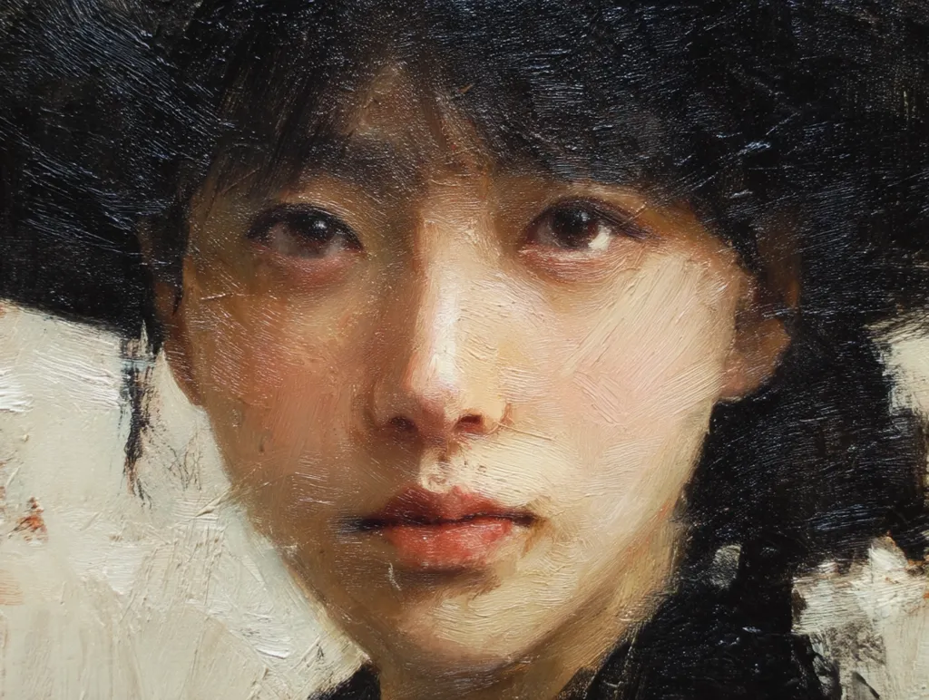 A close-up oil painting depicts a woman's face, partially obscured by a dark hat.  Her expression is somber, her eyes downcast.  The artist uses visible brushstrokes, creating a textured effect on the skin and hair.  The palette is muted, emphasizing earth tones and subtle shading to highlight the features. The background is a light, indistinct wash.