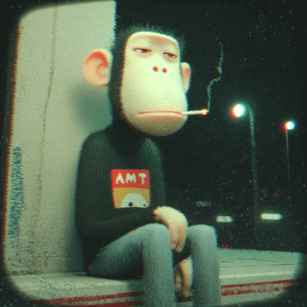 A 3D-rendered image depicts a melancholic chimpanzee, smoking a cigarette.  The chimp, wearing a dark sweater with a logo and grey pants, sits pensively on a ledge at night.  Streetlights illuminate the scene, creating a gritty, vintage-film effect with visible static and grain. The overall mood is somber and atmospheric.
