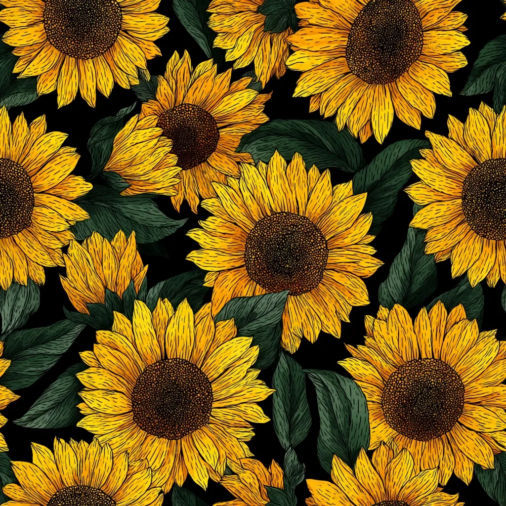 A seamless pattern of vibrant sunflowers on a black background.  The sunflowers are depicted in a detailed, hand-drawn style with rich yellow petals and dark brown centers. Lush, dark green leaves are interspersed amongst the blooms, creating a striking contrast. The overall effect is bold and cheerful, perfect for textile prints or other design applications.