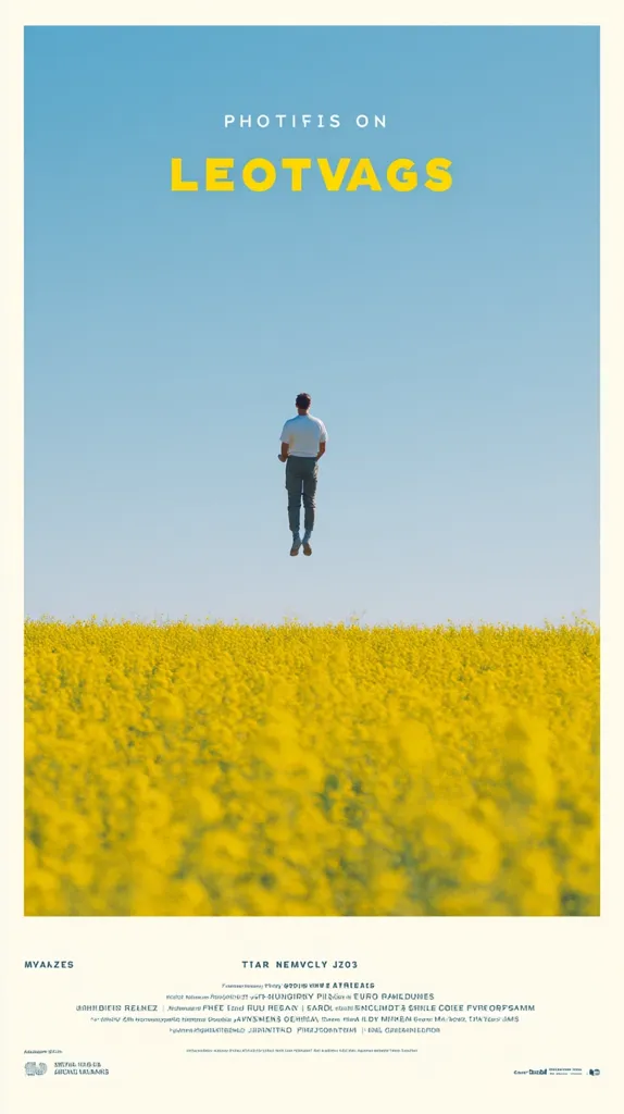 A poster for the album "Photifis on Leotvags" by Myaazes, featuring Tiar Nemvcljy Jzo3. The artwork depicts a man levitating over a field of yellow flowers under a clear blue sky. The minimalist design uses a simple color palette and impactful typography.  The album's name is prominently displayed.  Additional details regarding musicians and production are listed at the bottom.