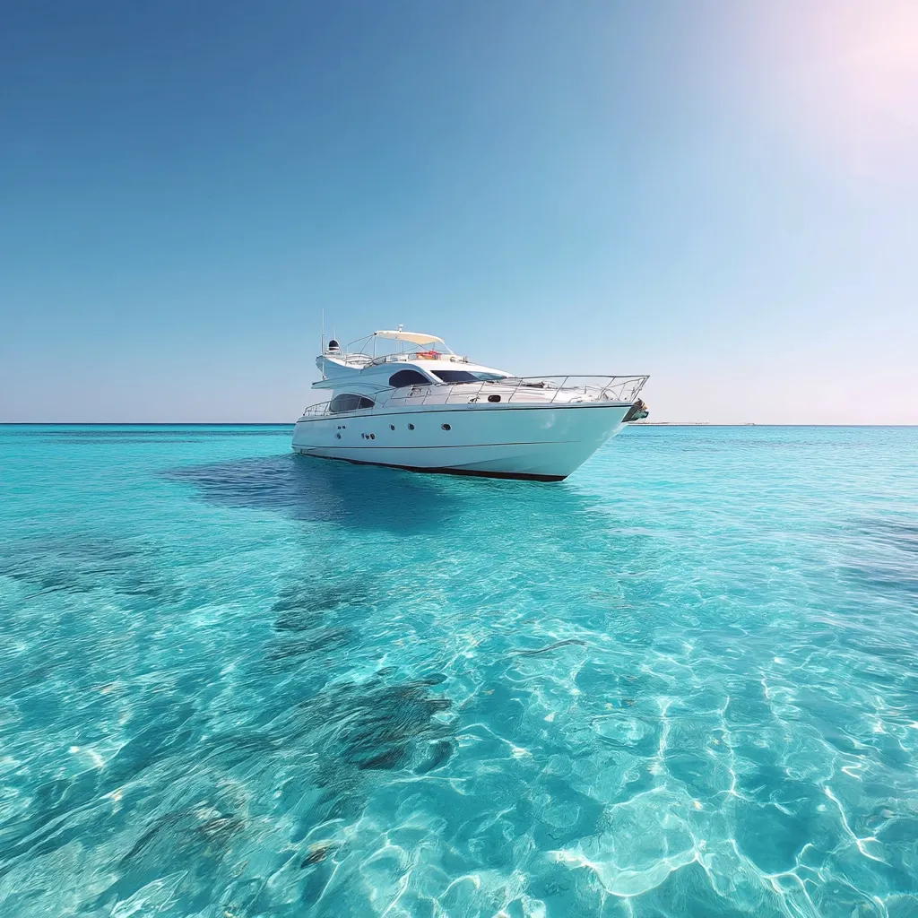 A luxurious white yacht is anchored in crystal-clear turquoise water under a vibrant blue sky.  The calm sea reflects the sunlight, creating a serene and idyllic scene. The yacht is sleek and modern, appearing peaceful and at rest in this tranquil, tropical paradise. The shallow, clear water allows the seabed to be partially visible.