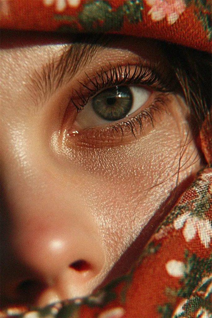 Close-up of a woman's eye and face partially covered by a floral patterned fabric.  The image focuses on the texture of her skin and the detail of her eye, with long dark lashes and a green iris. The fabric is a reddish-orange with muted floral designs.  The overall tone is warm and intimate.