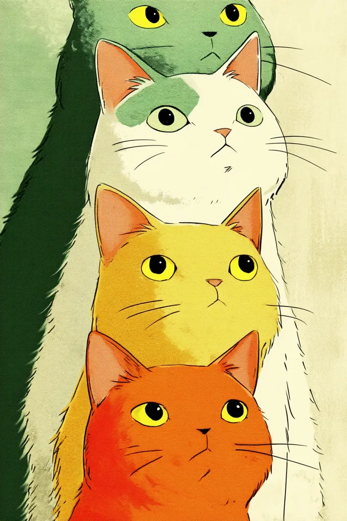 A stylized illustration showcases four cats stacked vertically.  The top cat is a dark teal, followed by a predominantly white cat with teal markings.  Below are a yellow cat and, at the bottom, a vibrant orange cat.  All cats have large, expressive eyes and are rendered in a retro, almost vintage, artistic style.  The color palette is warm and inviting.