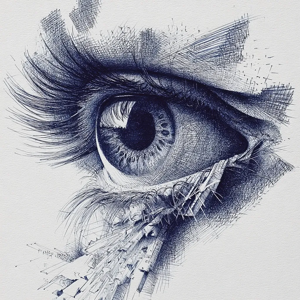 A detailed pen and ink drawing of a human eye.  The artist uses meticulous cross-hatching to render the iris, pupil, and eyelashes with incredible realism.  The lower eyelid and surrounding skin are depicted with a similar level of detail.  An abstract, fragmented design extends from the lower eyelid, creating a striking contrast to the realistic eye. The overall effect is both hyper-realistic and surreal.