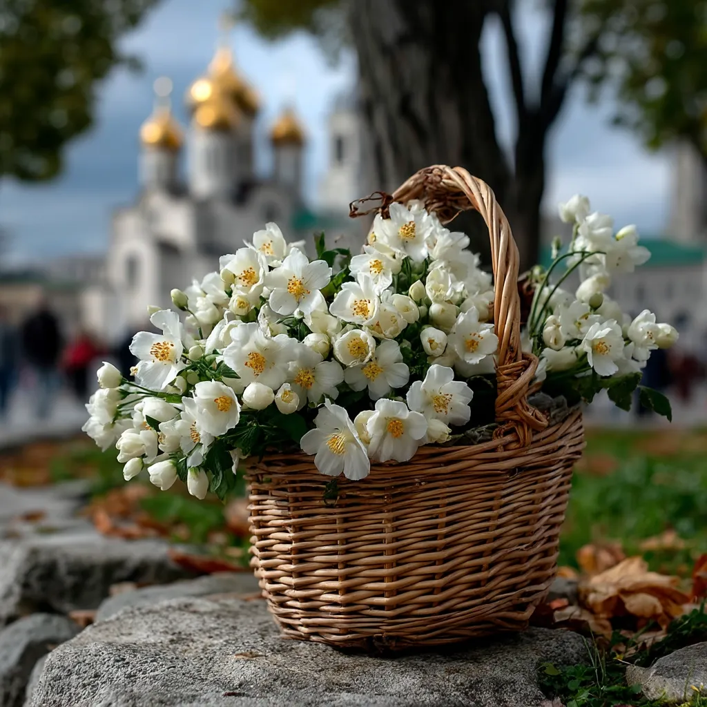 A wicker basket overflowing with delicate white jasmine blossoms sits on a stone, nestled amongst fallen autumn leaves.  A blurred background reveals a picturesque church with golden domes, suggesting a serene, possibly religious, setting.  The image evokes feelings of tranquility and natural beauty.