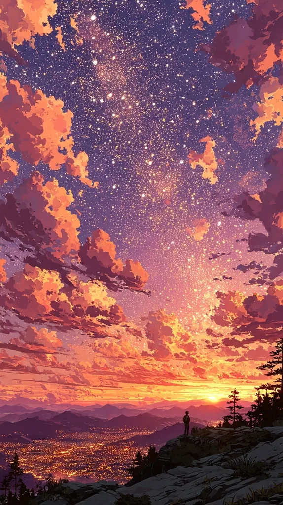 A breathtaking sunset paints the sky in vibrant oranges and purples, a dazzling display of color against a backdrop of countless twinkling stars.  A lone figure stands silhouetted on a mountaintop overlooking a sprawling city bathed in the warm glow of twilight. The scene evokes a sense of peace and wonder, capturing the beauty of nature and the vastness of the universe.