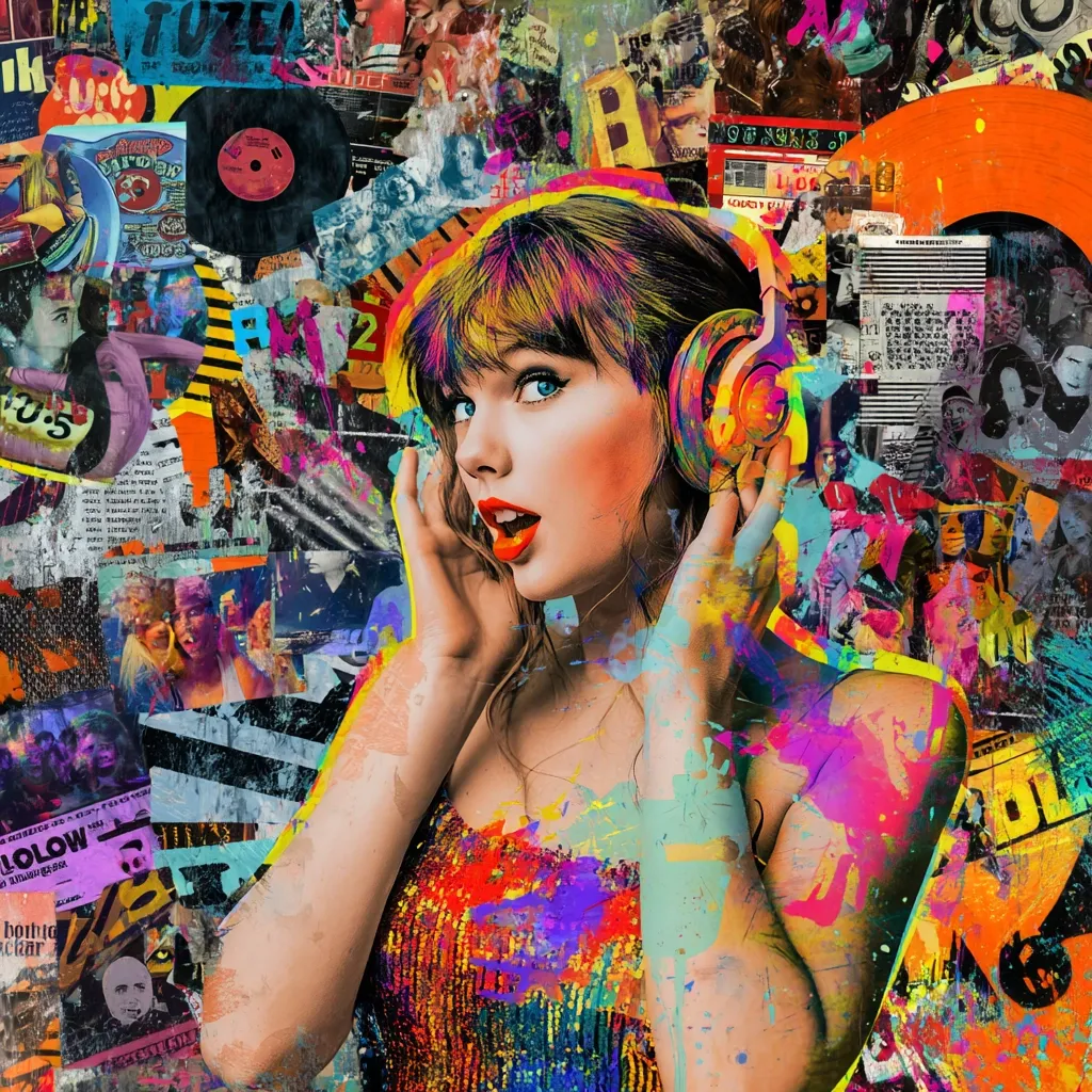 A vibrant, colorful collage features a woman with bright pink and yellow hair wearing orange headphones.  Her expression is one of surprise or excitement. The background is a chaotic mix of vintage record covers, magazine clippings, and paint splatters, creating a dynamic and energetic composition reminiscent of pop art and music culture.  The overall effect is bold and visually stimulating.