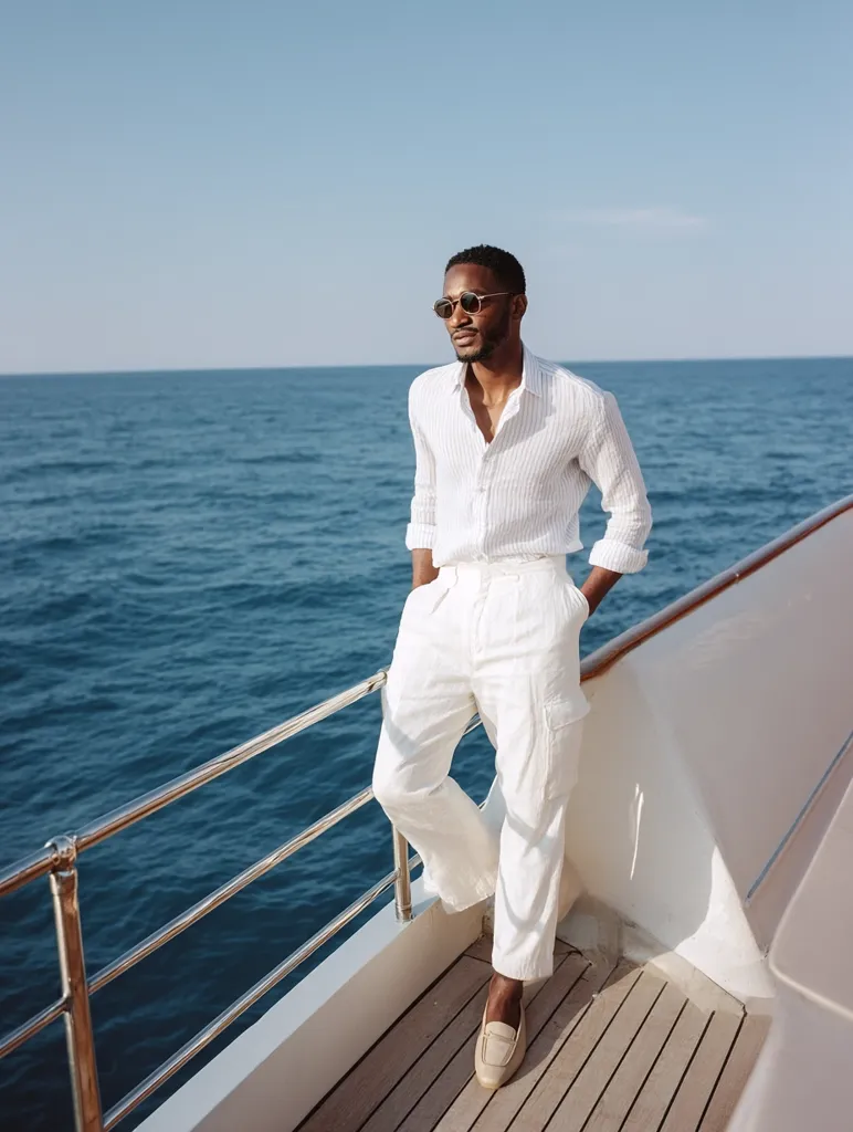 A stylish Black man in all-white linen attire stands on a yacht's deck, gazing out at the ocean.  His outfit consists of a lightweight shirt, loose-fitting pants, and beige loafers. He wears sunglasses and stands with hands in pockets, exuding a relaxed yet sophisticated air against the backdrop of the deep blue sea. The sunlit scene suggests a luxurious and tranquil getaway.
