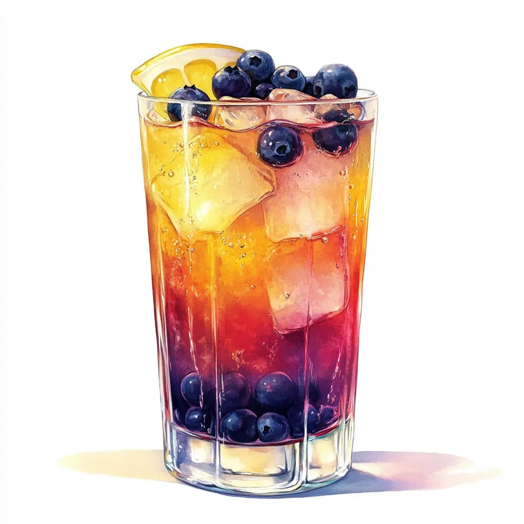 A watercolor painting depicts a tall glass filled with a layered drink. The top layer is a light, bubbly yellow-orange, followed by a gradient to a deep red at the bottom.  Blueberries are visible throughout the drink, with a cluster at the top and a layer at the base. A lemon wedge rests on top, adding a final touch of color and freshness.  The glass is clear and shows the ice cubes within.