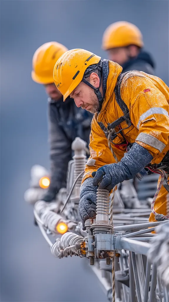 Three linemen, wearing yellow hard hats and protective gear, work on a power line in cold, snowy conditions.  The central figure meticulously connects or repairs a component on the metal structure.  Their clothing is coated with frost, highlighting the harsh environment.  The focus is sharp on the worker and the equipment, emphasizing the precision and risk of the job.