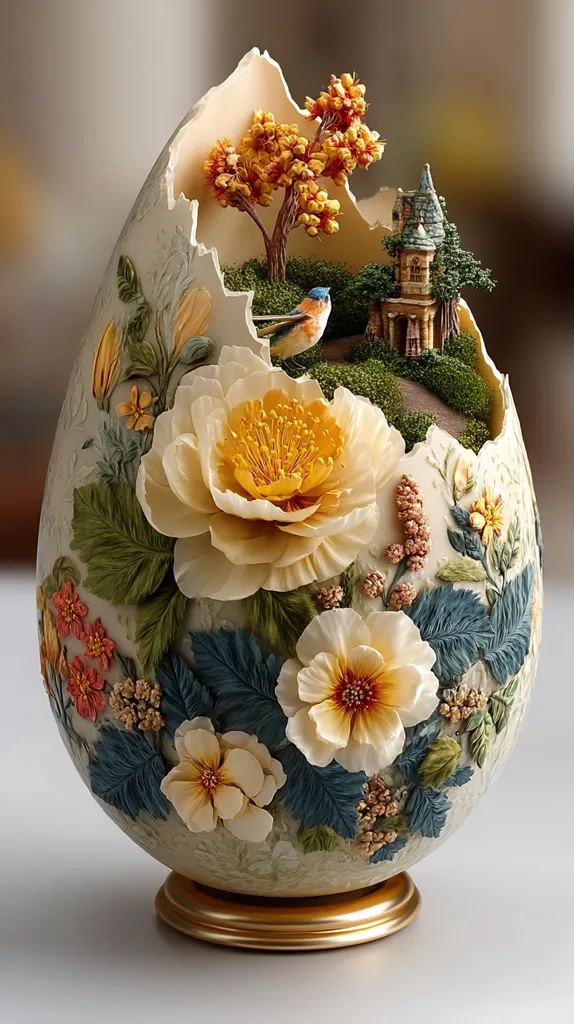A meticulously crafted eggshell displays an intricate miniature garden.  Intricate floral designs, including peonies and smaller blossoms, are sculpted onto the eggshell's surface. A small cottage and a bird are nestled within the cracked shell, creating a charming scene.  The overall effect is delicate and artistic, showcasing exceptional detail and skill.  The egg rests on a golden base.