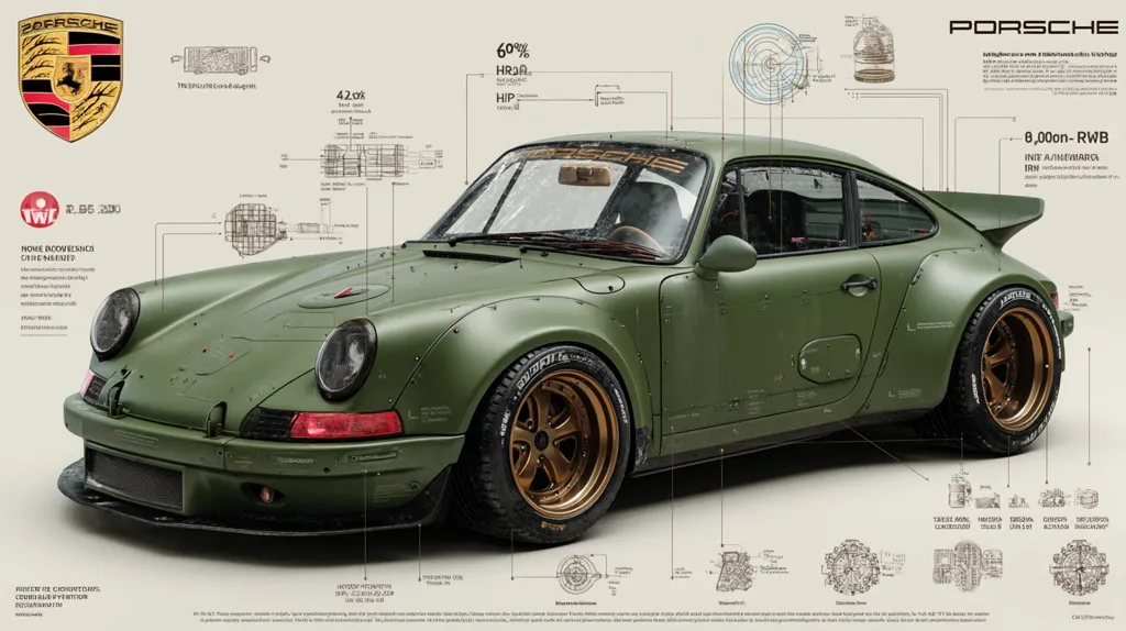 A detailed illustration showcases a military green Porsche 911 RWB, meticulously rendered with technical diagrams overlayed.  The car's specifications are displayed, including horsepower and engine details. The design incorporates elements of industrial aesthetics and vintage technical drawings, creating a unique blend of style and technical information. The image presents a highly stylized and informative representation of the vehicle.