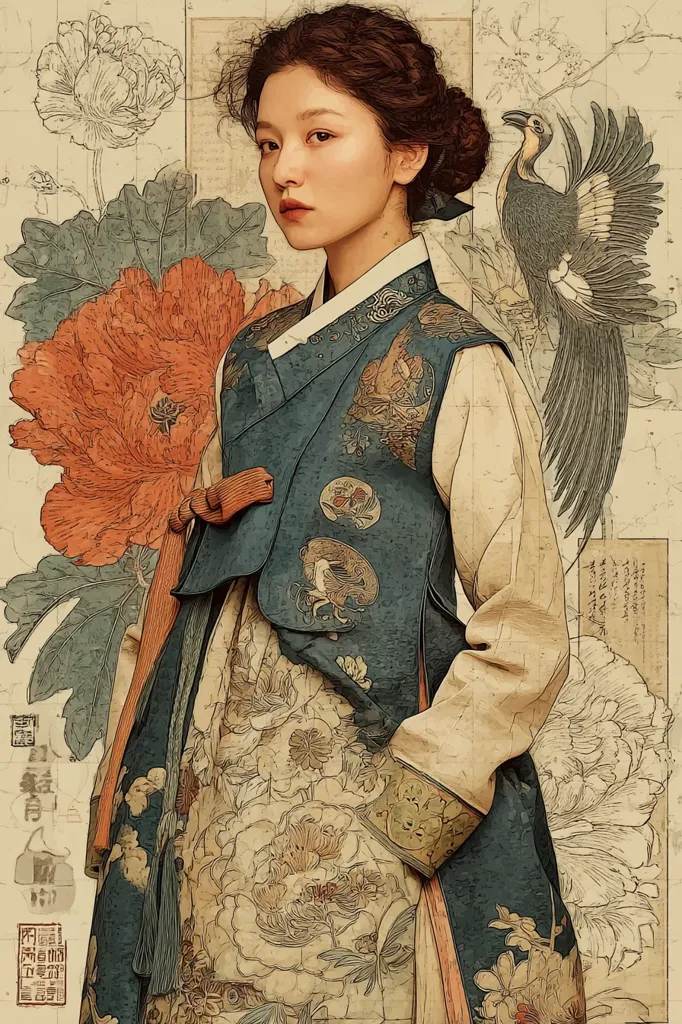 A young woman, elegantly dressed in a traditional Korean Hanbok, is depicted in a stylized portrait.  The hanbok, predominantly teal and beige, features intricate floral embroidery.  She stands against a background of botanical illustrations and Asian calligraphy, with a stylized bird perched nearby, adding to the artistic and cultural richness of the image. The overall aesthetic is a blend of vintage and modern, with a painterly quality.