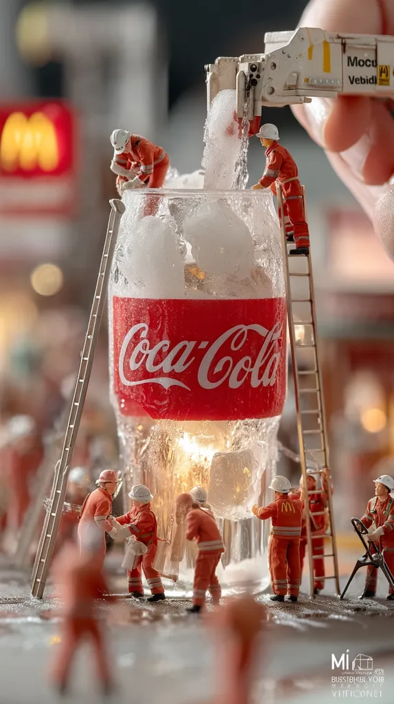Miniature firefighters surround a giant Coca-Cola bottle encased in ice.  A small construction vehicle pours water onto the bottle, creating a frosty scene.  The figures are meticulously detailed, and the setting suggests a playful, whimsical interpretation of a rescue or emergency situation.  The background subtly features a blurred fast-food restaurant.