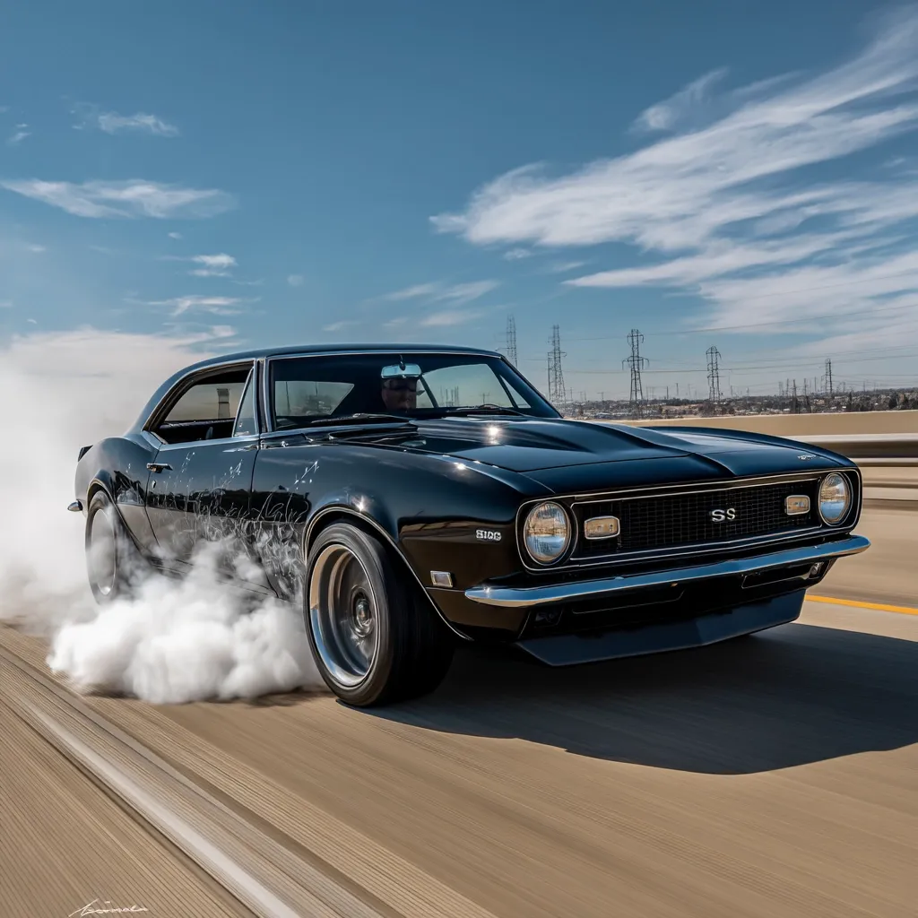 A black 1969 Chevrolet Camaro SS, a classic muscle car, speeds down a highway, leaving a trail of tire smoke. The car is highly polished, showing its sleek design.  The driver is visible inside. The backdrop features a clear blue sky and power lines in the distance.  The image conveys a sense of speed and power.