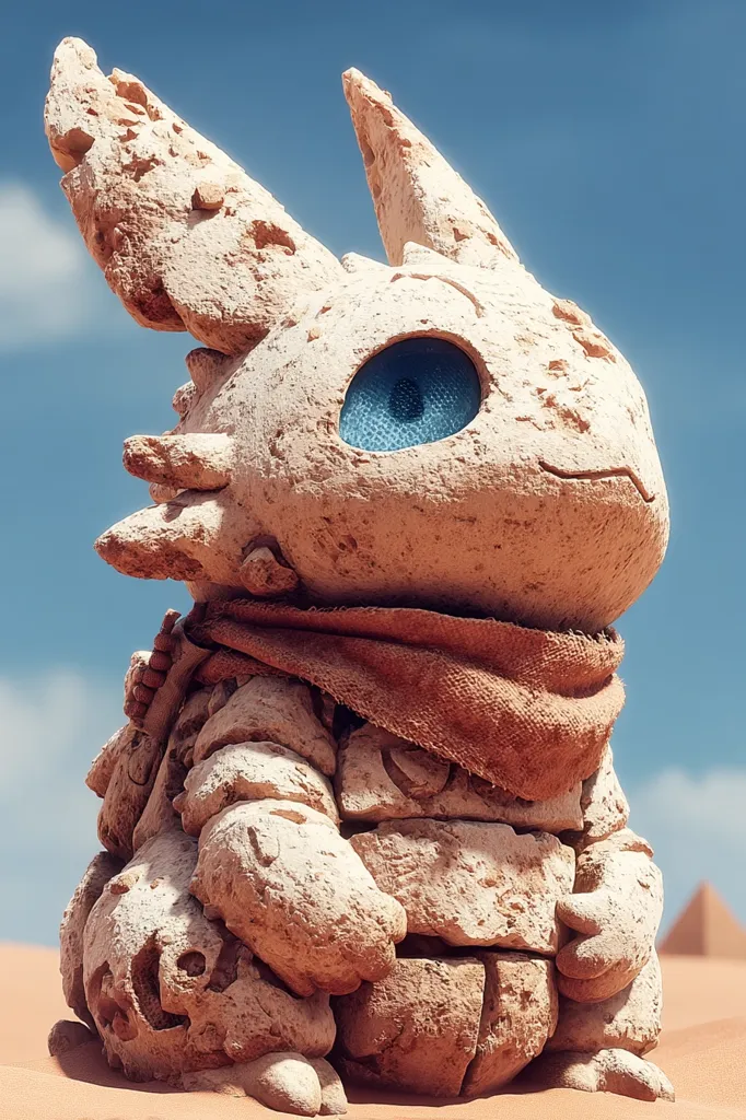 A stone creature, resembling a dragon or mythical beast, sits in a desert landscape.  Its body is composed of rough, light-colored stones, and it has a single, large, bright blue eye.  The creature wears a tattered, brown cloth around its shoulders, adding to its weathered appearance.  The background hints at pyramids in the distance under a clear blue sky.  The overall impression is one of ancient, mystical charm.