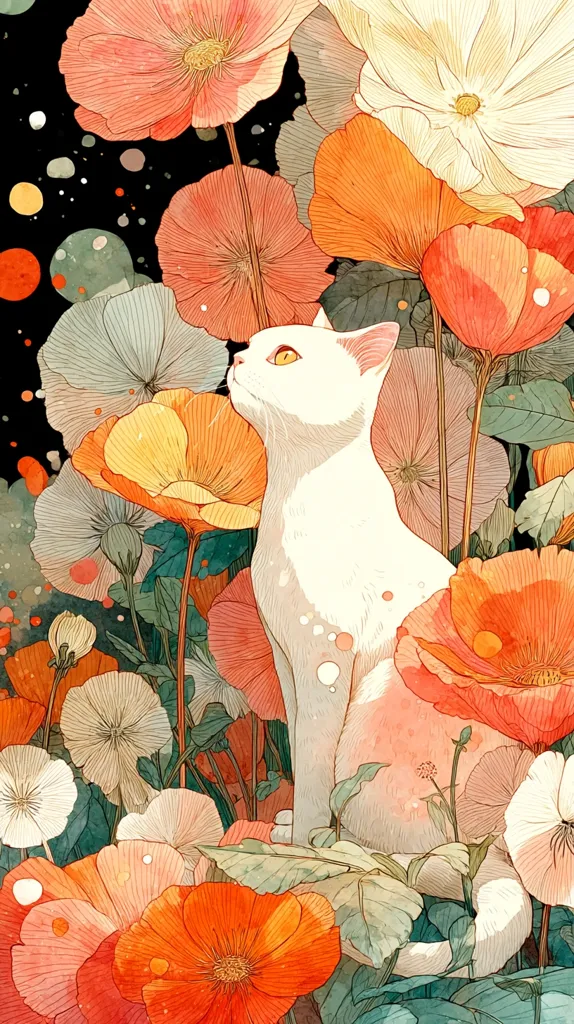 A white cat sits amidst a vibrant garden of large, stylized flowers.  The flowers are predominantly orange and peach tones with hints of cream and yellow, their delicate petals rendered with intricate detail. The background is a dark, starry night sky, contrasting with the bright blooms and the cat's pure white fur. The illustration features a soft, painterly style, blending watercolor and line art techniques.