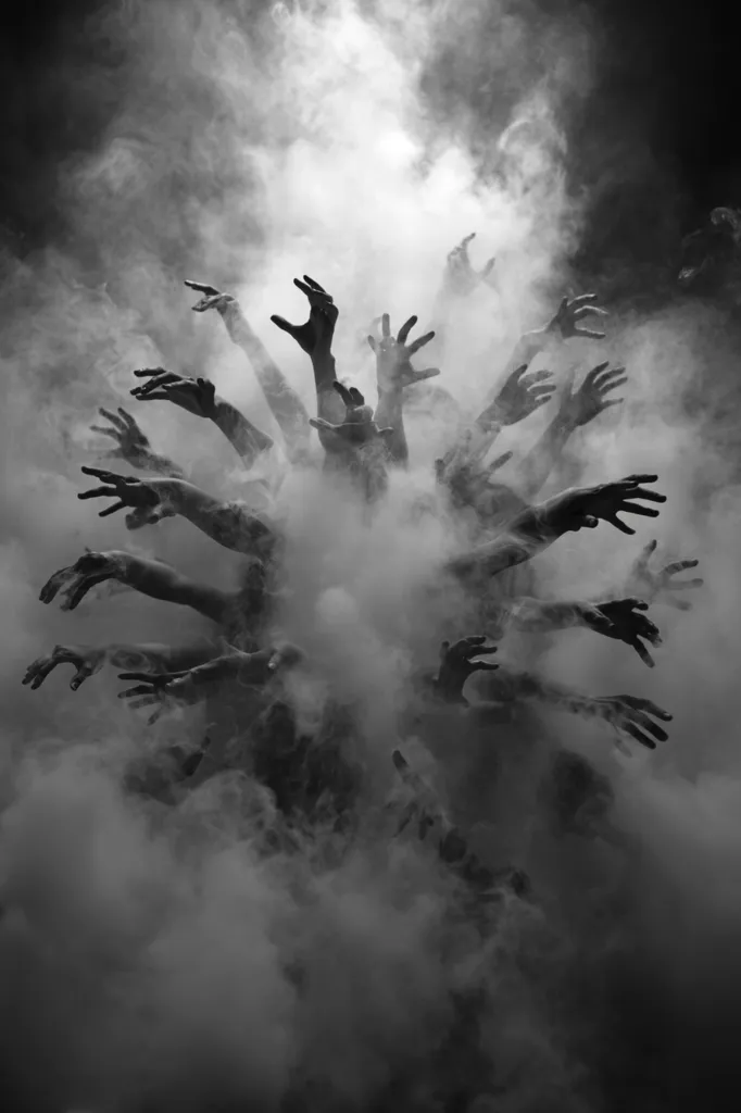 A monochromatic image depicts numerous hands reaching upward from a dense, swirling fog.  The hands appear to emerge from the mist, creating a sense of unease and mystery.  The overall effect is dark, dramatic, and somewhat unsettling, evoking feelings of chaos and the unknown. The heavy fog obscures any clear details beyond the reaching arms.