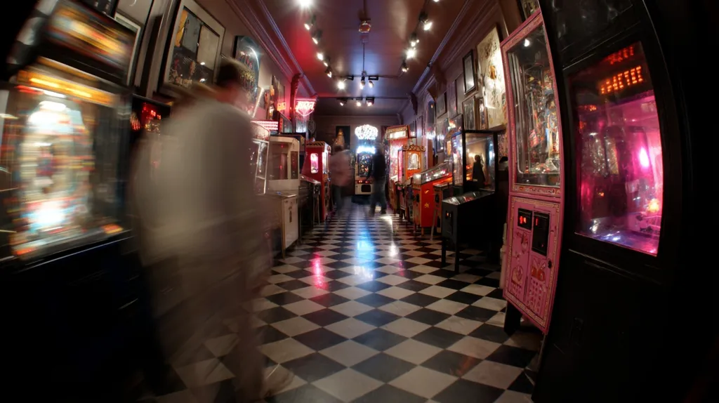 A dimly lit arcade filled with vintage pinball machines and arcade games.  A person walks through the center of the room, which has a black and white checkered floor. The walls are lined with the games, their colorful lights reflecting on the floor.  The atmosphere is nostalgic and slightly mysterious.  The image has a fisheye lens effect, distorting the perspective.