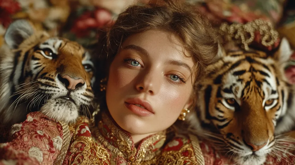 A young woman with auburn curls, wearing a richly embroidered, gold and red dress, lies surrounded by two majestic tigers.  The tigers' heads flank her face, their orange and black stripes contrasting with her pale skin and the ornate clothing.  The scene is bathed in warm, golden light, creating a dramatic and opulent atmosphere.