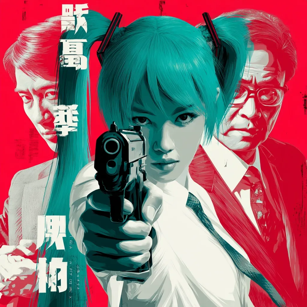 A stylized poster depicts a young woman with teal hair, resembling Hatsune Miku, aiming a handgun.  Flanking her are two men in suits, one appearing stern and the other more pensive.  The color palette is predominantly red and teal, creating a striking contrast.  Chinese characters are prominently displayed, likely the film's title. The overall style suggests an action thriller or crime drama.