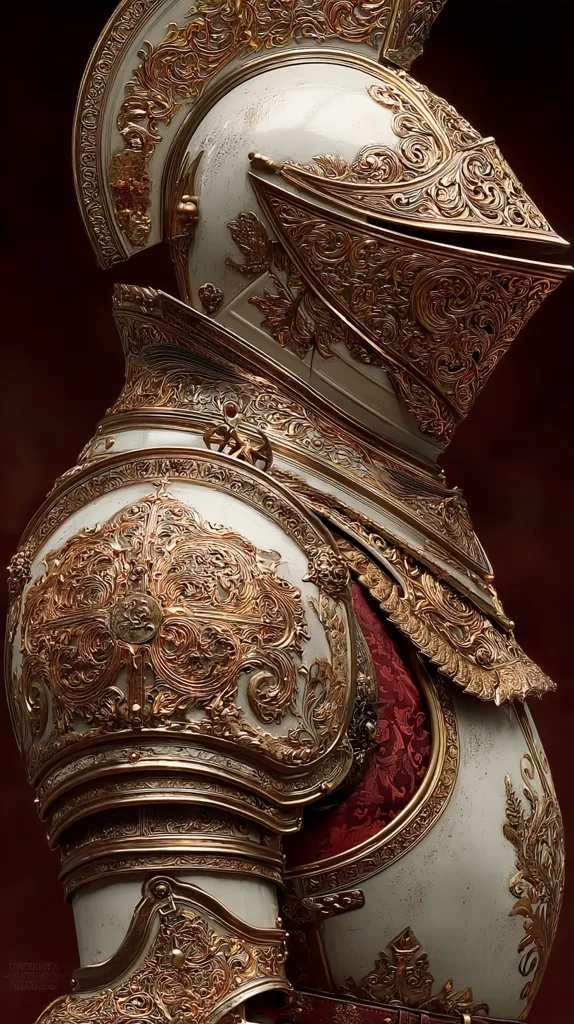 A close-up reveals exquisite detail on a piece of ornate, gilded armor.  The off-white base is lavishly decorated with intricate gold filigree, showcasing swirling patterns and floral motifs.  The helmet, partially visible, features the same elaborate design.  Rich red fabric accents peek from beneath the armor's gilded edges, adding a touch of regal color. The craftsmanship suggests a piece of high artistry, possibly a fantasy or historical representation.