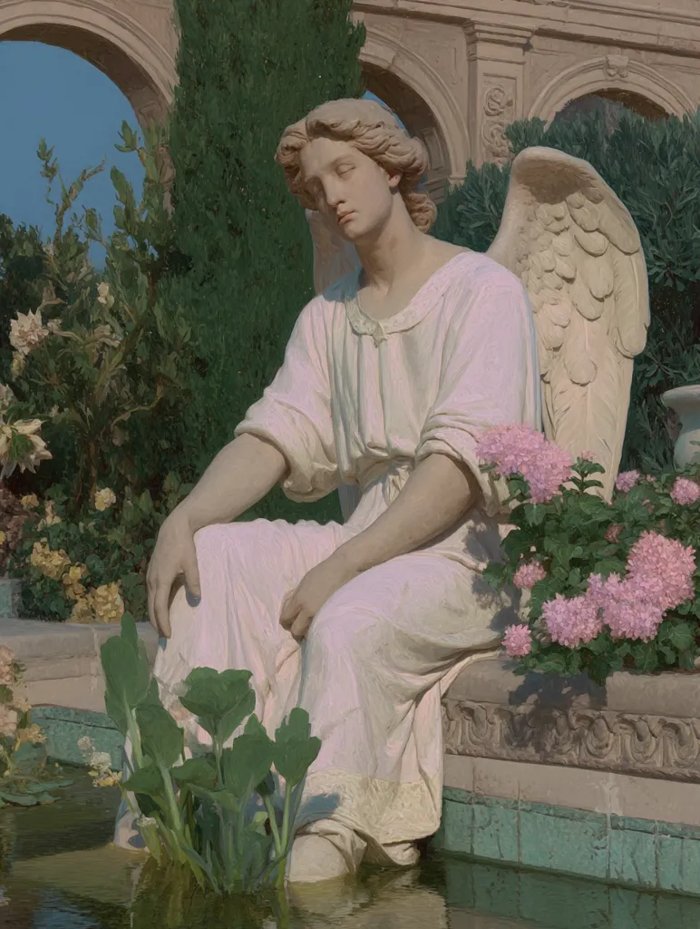 A serene statue of an angel, draped in flowing robes, sits pensively by a tranquil pond.  Lush greenery and delicate pink flowers surround the figure, which is set against the backdrop of an elegant, arched stone structure. The soft light and muted colors create a peaceful and ethereal atmosphere.  The angel's wings are partially visible, adding to the heavenly ambiance.