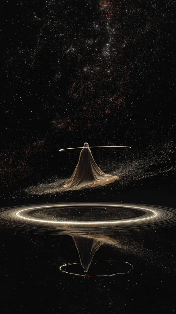 A digital artwork depicts a cloaked figure standing on a celestial plane.  Golden particles swirl around it, creating rings of light above and below. The figure appears ethereal, almost translucent, against a backdrop of a dark, star-filled universe. The overall mood is mystical and serene, suggesting a cosmic event or a divine presence. The reflective surface below mirrors the scene above, enhancing the symmetry and otherworldly feel.