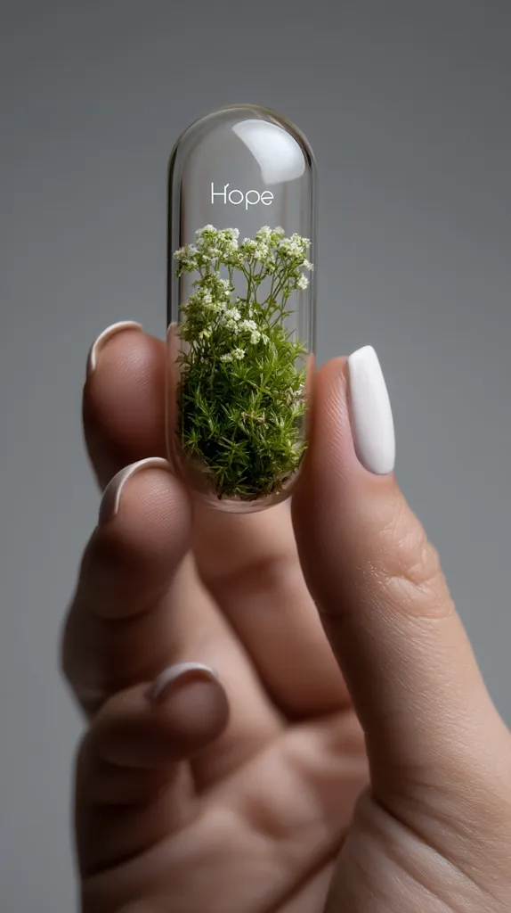 A hand gently cradles a clear capsule containing a miniature ecosystem. Delicate white flowers and vibrant green moss thrive within the glass enclosure, the word "Hope" subtly etched onto its surface. The image evokes a sense of fragility, resilience, and the potential for growth, even in the smallest of spaces.  The contrast between the delicate plant life and the strong hand holding it creates a powerful visual metaphor.