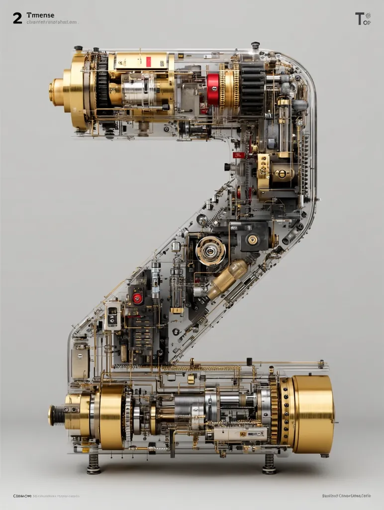 A 3D rendering depicts the number two constructed from intricately detailed, transparent, mechanical components.  Gold-toned gears, pistons, and other machine parts are visible within the clear casing, creating a complex and visually stunning representation of the digit.  The design suggests a futuristic or highly engineered aesthetic, showcasing the inner workings of a hypothetical machine.