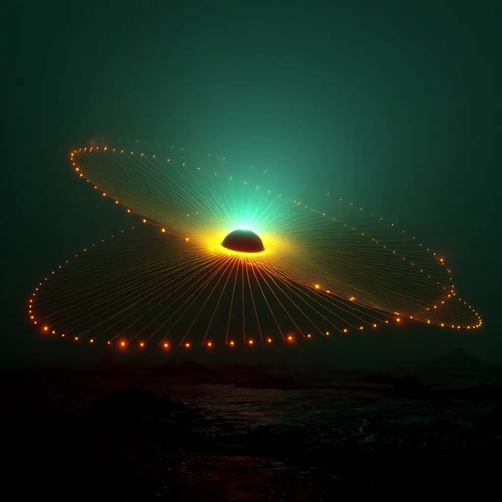 A dark, moody scene features a glowing, orb-like object at the center of a radiant, interconnected network of lines.  The lines extend outwards, creating a visually striking, almost butterfly-like shape.  Orange nodes punctuate the lines, radiating a soft, warm light against the cool teal and dark background. The overall effect is one of ethereal beauty and subtle mystery.