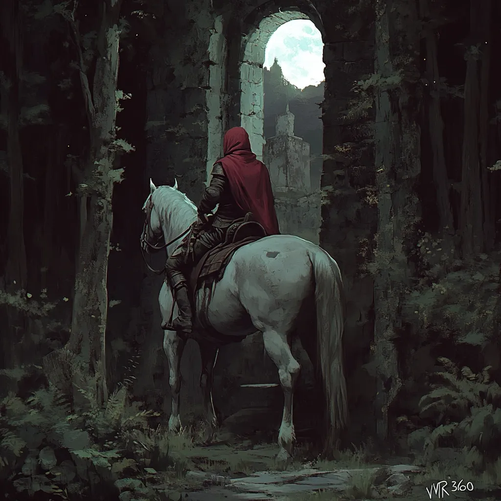 A lone rider in a red hooded cloak sits astride a white horse, emerging from a dark, overgrown stone archway.  The arch frames a distant, moonlit castle or fortress. The scene evokes a sense of mystery and adventure, suggesting a journey toward an unknown destination within a foreboding landscape. The overall mood is somber and evocative.