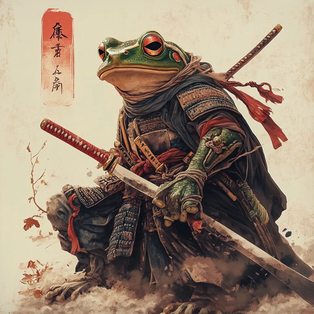 A digital painting depicts a frog samurai, seated on the ground, clutching two swords.  The frog wears weathered samurai armor and a dark cloak, its skin textured and detailed.  Red accents on the clothing and sword hilts contrast with the muted earth tones of the background.  Japanese kanji is visible on the left, adding to the image's artistic and cultural context. The overall style is reminiscent of traditional Japanese art with a fantastical twist.