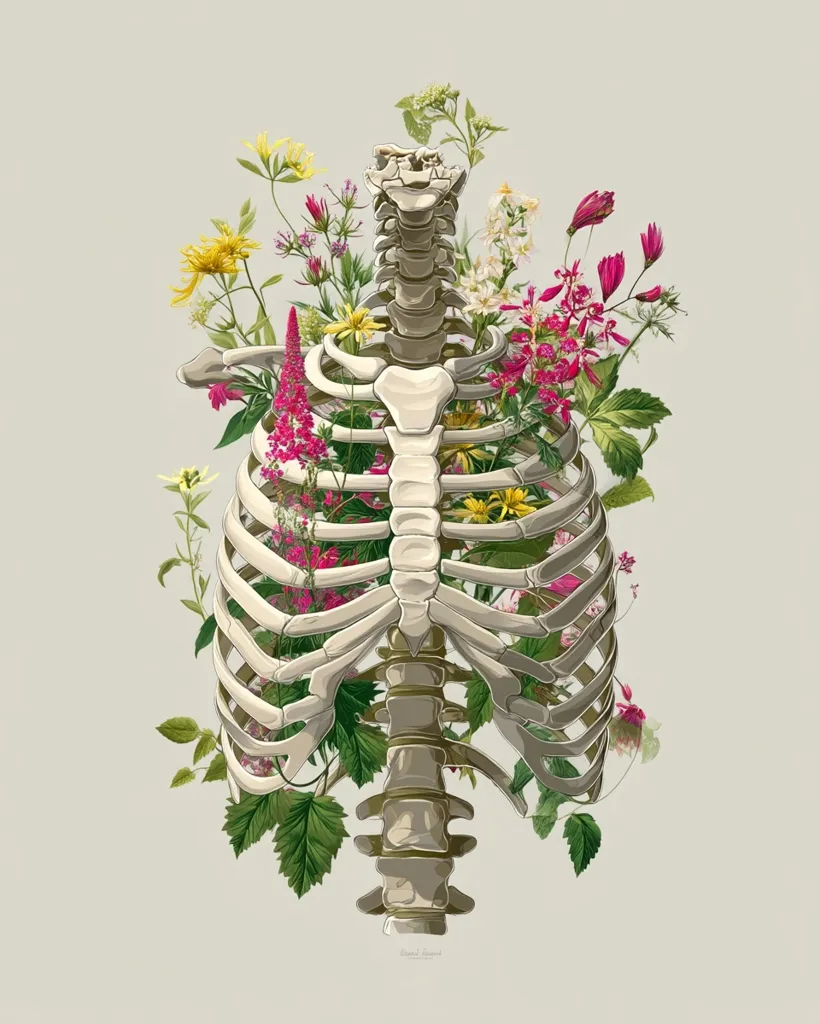 A human rib cage is depicted, filled with a vibrant array of flowers and greenery.  The botanical elements, in varying shades of pink, red, yellow, and green, burst forth from within the skeletal structure, creating a striking contrast between life and death, fragility and resilience.  The artistic style blends anatomical precision with botanical detail, resulting in a visually arresting and symbolic image.
