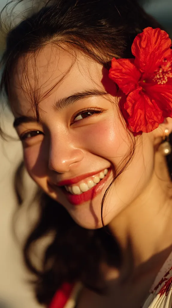 Close-up portrait of a young woman with dark hair, a vibrant red hibiscus flower adorning her ear, and a radiant smile.  Sunlight illuminates her face, highlighting her features and creating a warm, golden glow.  She wears red lipstick and appears happy and serene.  The image evokes a feeling of summer and natural beauty.