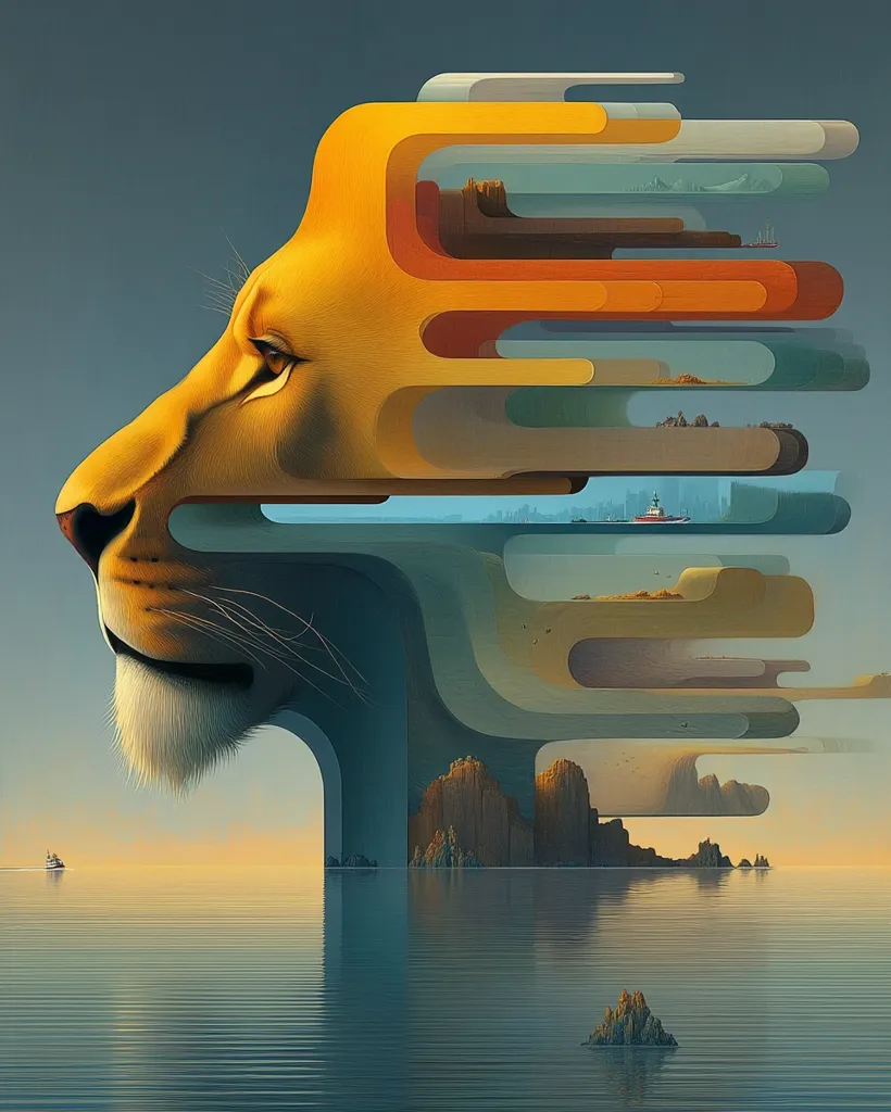 A surreal digital artwork depicts a lion's head profile seamlessly integrated with a layered landscape.  The mane transforms into abstract, horizontal bands containing miniature scenes of land, sea, and cityscape.  The overall effect is a dreamlike fusion of nature and urban environments, reflected in a calm body of water below.  The colors are muted and earthy, creating a sense of tranquility and mystery.