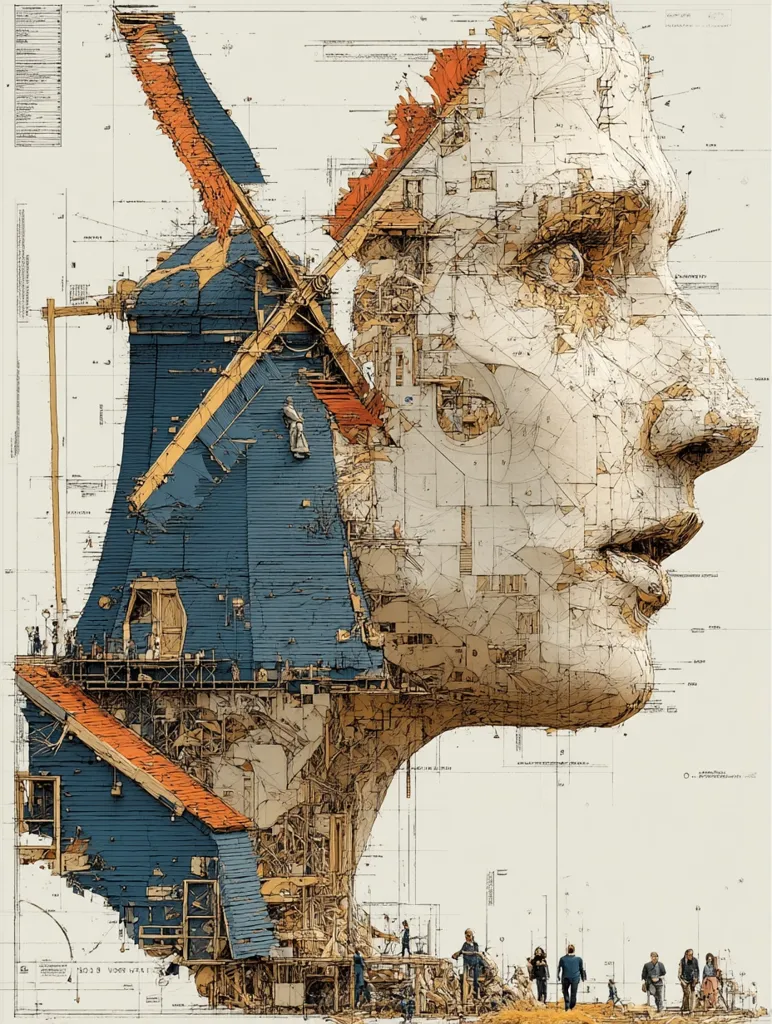 A detailed, surreal artwork depicts a colossal head constructed from the intricate components of a windmill.  The head's profile is sharply defined, its features meticulously rendered in a style reminiscent of architectural blueprints.  Tiny human figures are scattered at the base, emphasizing the head's immense scale. The image blends organic and mechanical elements, creating a striking juxtaposition of nature and construction.  The overall aesthetic is a blend of realism and fantasy.