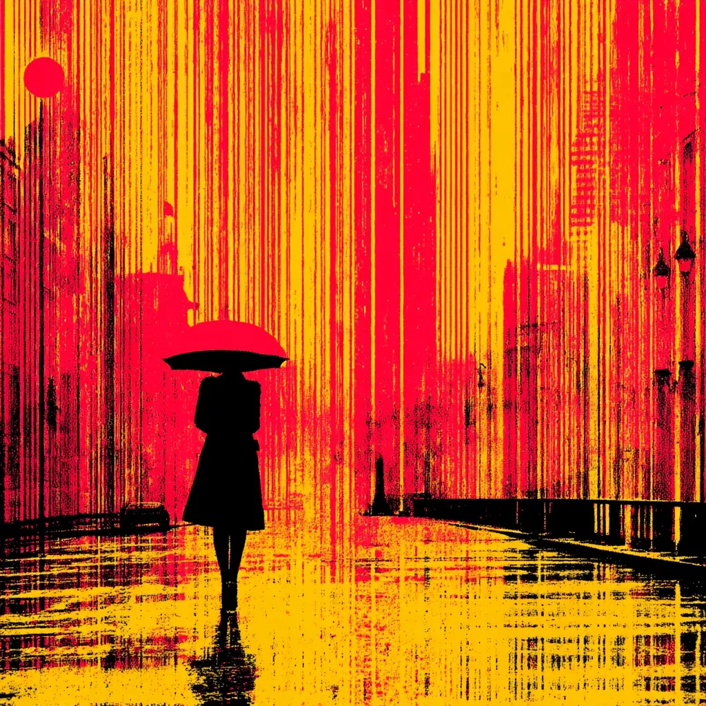 A stylized image depicts a lone woman under a red umbrella on a rain-slicked street.  The background is a vibrant, abstract expression of red and yellow vertical streaks, suggesting buildings and a stormy sky. The woman's silhouette is stark against the bold colors, creating a mood of solitude and urban melancholy.  The overall effect is graphic and dramatic.